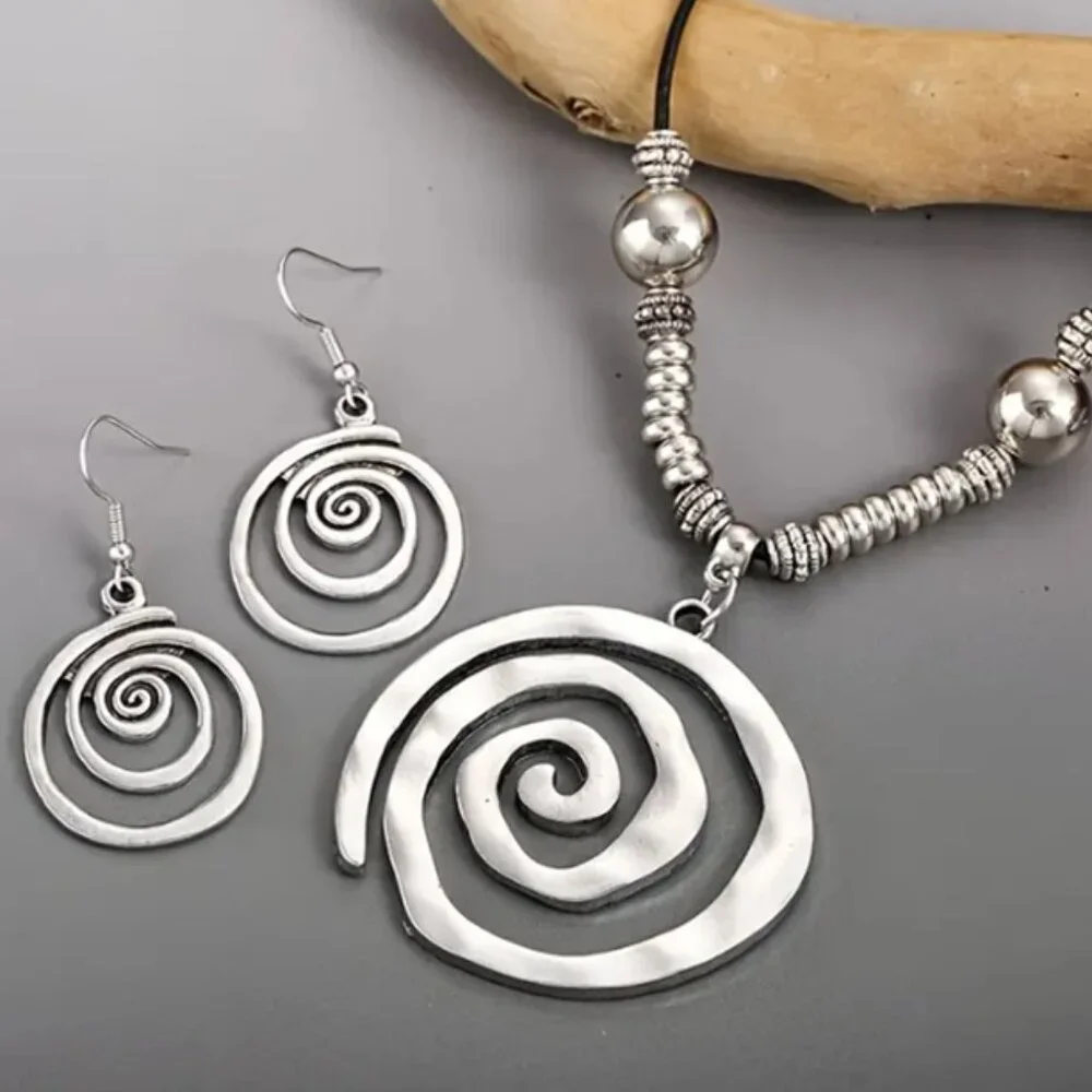 Silver Electro-Plated Bohemian Spiral Pendant Necklace and Earring Set